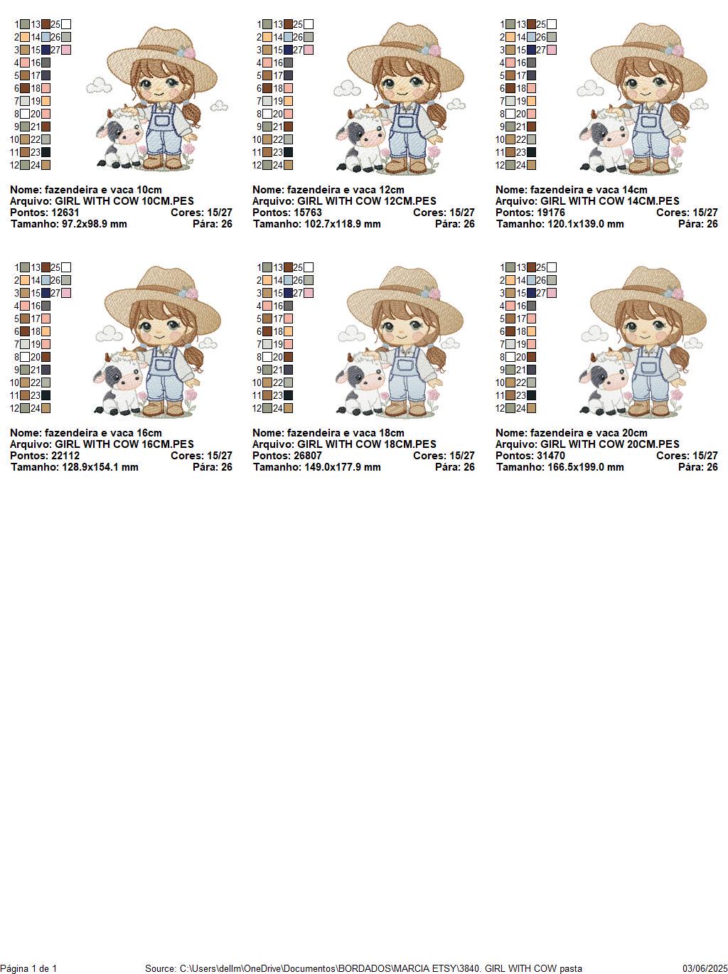Girl Farmer embroidery designs - Farmer with hat and braids machine embroidery pattern - Girl with baby cow file - Instant digital download