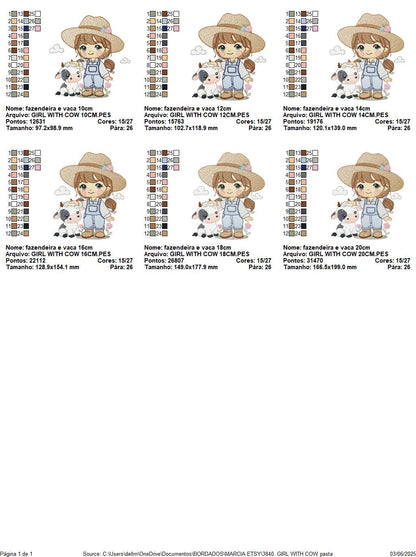Girl Farmer embroidery designs - Farmer with hat and braids machine embroidery pattern - Girl with baby cow file - Instant digital download