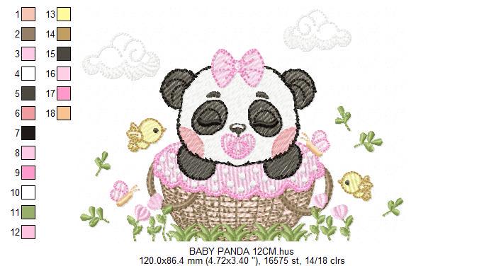 Sleeping Panda embroidery design - Animal machine embroidery pattern - Baby Girl file - Panda with flowers and pacifier - Instant download