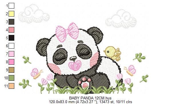 Panda embroidery design - Wild Female Animal with bow lace machine embroidery pattern - Baby Girl Panda with flowers - Instant download dst