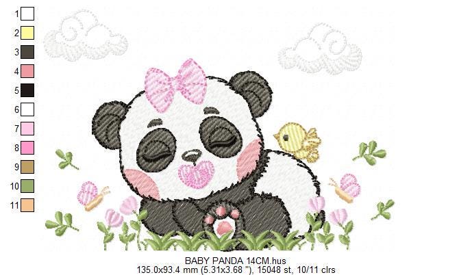 Panda embroidery design - Wild Female Animal with bow lace machine embroidery pattern - Baby Girl Panda with flowers - Instant download dst