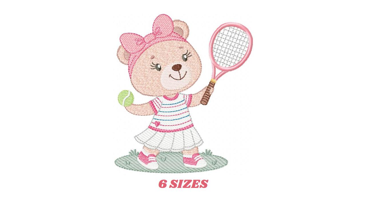 Female Bear embroidery designs - Baby girl machine embroidery pattern - Bear playing tennis - Tennis racket and ball - Instant download pes
