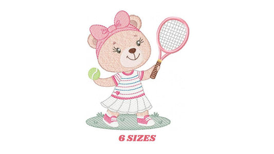 Female Bear embroidery designs - Baby girl machine embroidery pattern - Bear playing tennis - Tennis racket and ball - Instant download pes