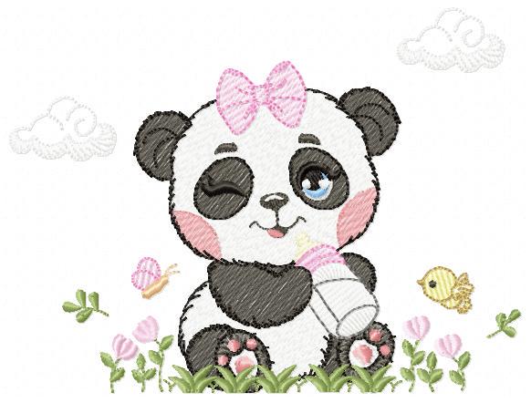 Panda embroidery design - Wild Female Animal with bow lace machine embroidery pattern - Baby Girl Panda with flowers - Instant download jef