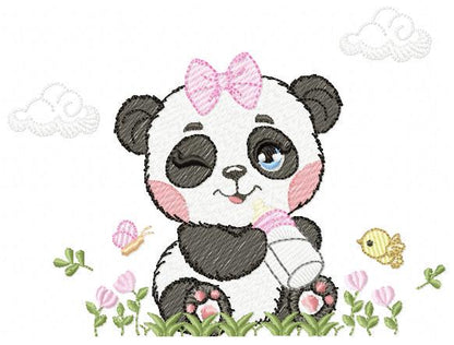 Panda embroidery design - Wild Female Animal with bow lace machine embroidery pattern - Baby Girl Panda with flowers - Instant download jef