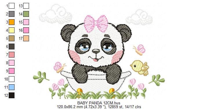 Female Panda embroidery design - Wild Animal machine embroidery pattern - Baby Girl file - Panda with flowers in bathtub - Instant download