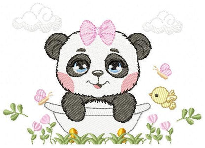 Female Panda embroidery design - Wild Animal machine embroidery pattern - Baby Girl file - Panda with flowers in bathtub - Instant download