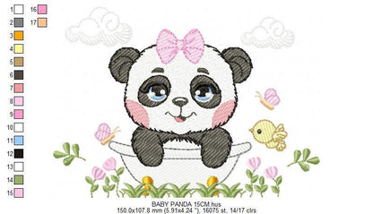 Female Panda embroidery design - Wild Animal machine embroidery pattern - Baby Girl file - Panda with flowers in bathtub - Instant download