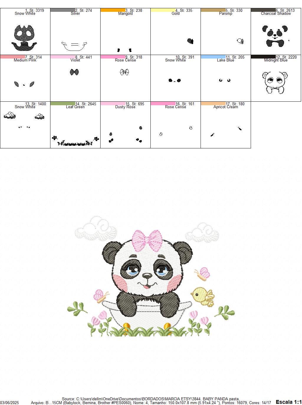 Female Panda embroidery design - Wild Animal machine embroidery pattern - Baby Girl file - Panda with flowers in bathtub - Instant download