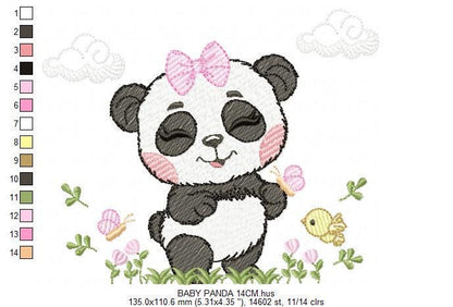 Panda embroidery design - Female Wild Animal machine embroidery pattern - Baby Girl file - Panda with flowers butterfly - Instant download