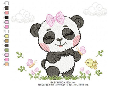 Panda embroidery design - Female Wild Animal machine embroidery pattern - Baby Girl file - Panda with flowers butterfly - Instant download