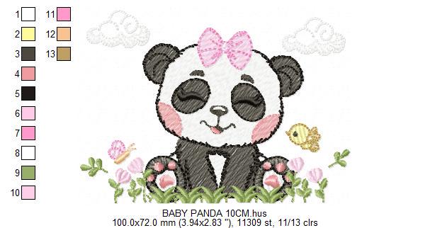 Panda embroidery design - Wild Female Animal with bow lace machine embroidery pattern - Baby Girl Panda with flowers - Instant download pes