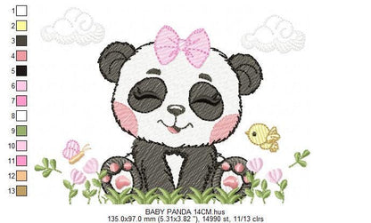 Panda embroidery design - Wild Female Animal with bow lace machine embroidery pattern - Baby Girl Panda with flowers - Instant download pes