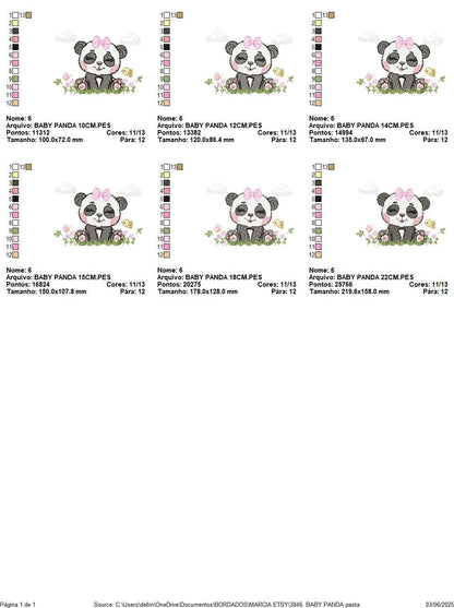 Panda embroidery design - Wild Female Animal with bow lace machine embroidery pattern - Baby Girl Panda with flowers - Instant download pes