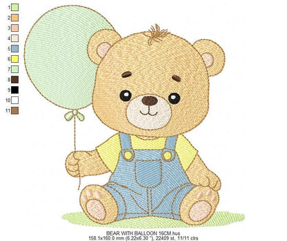 Male Bear with Balloon embroidery designs - Baby Boy bear machine embroidery pattern - Birthday Party file - Instant digital download pes
