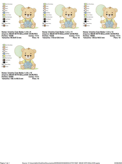 Male Bear with Balloon embroidery designs - Baby Boy bear machine embroidery pattern - Birthday Party file - Instant digital download pes