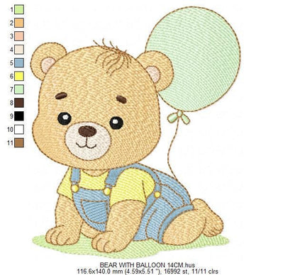 Male Bear with Balloon embroidery designs - Baby Boy bear machine embroidery pattern - Birthday Party file - Instant digital download pes