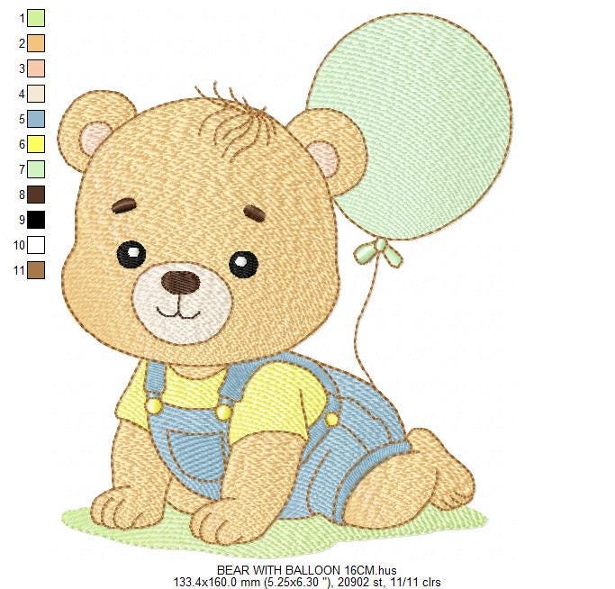 Male Bear with Balloon embroidery designs - Baby Boy bear machine embroidery pattern - Birthday Party file - Instant digital download pes