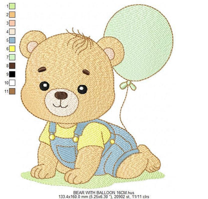 Male Bear with Balloon embroidery designs - Baby Boy bear machine embroidery pattern - Birthday Party file - Instant digital download pes