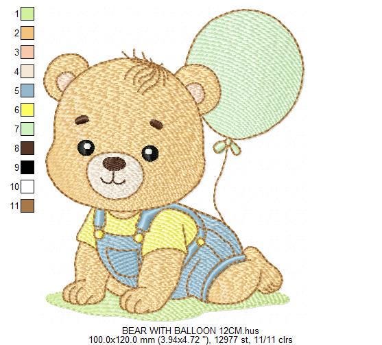 Male Bear with Balloon embroidery designs - Baby Boy bear machine embroidery pattern - Birthday Party file - Instant digital download pes