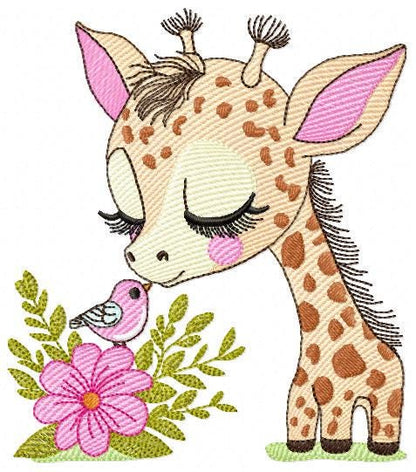 Giraffe with flower embroidery designs - Safari Female wild animal emachine embroidery pattern - Baby girl file - Instant download pes jef
