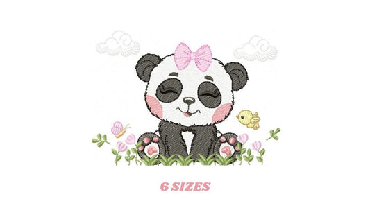 Panda embroidery design - Wild Female Animal with bow lace machine embroidery pattern - Baby Girl Panda with flowers - Instant download pes