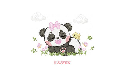 Panda embroidery design - Wild Female Animal with bow lace machine embroidery pattern - Baby Girl Panda with flowers - Instant download dst