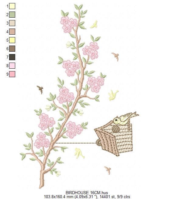 Birdhouse embroidery designs - Cherry Blossom tree machine embroidery pattern - Baby girl file - Birds with tree - Instant download pes jef