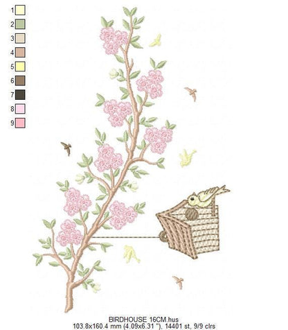 Birdhouse embroidery designs - Cherry Blossom tree machine embroidery pattern - Baby girl file - Birds with tree - Instant download pes jef
