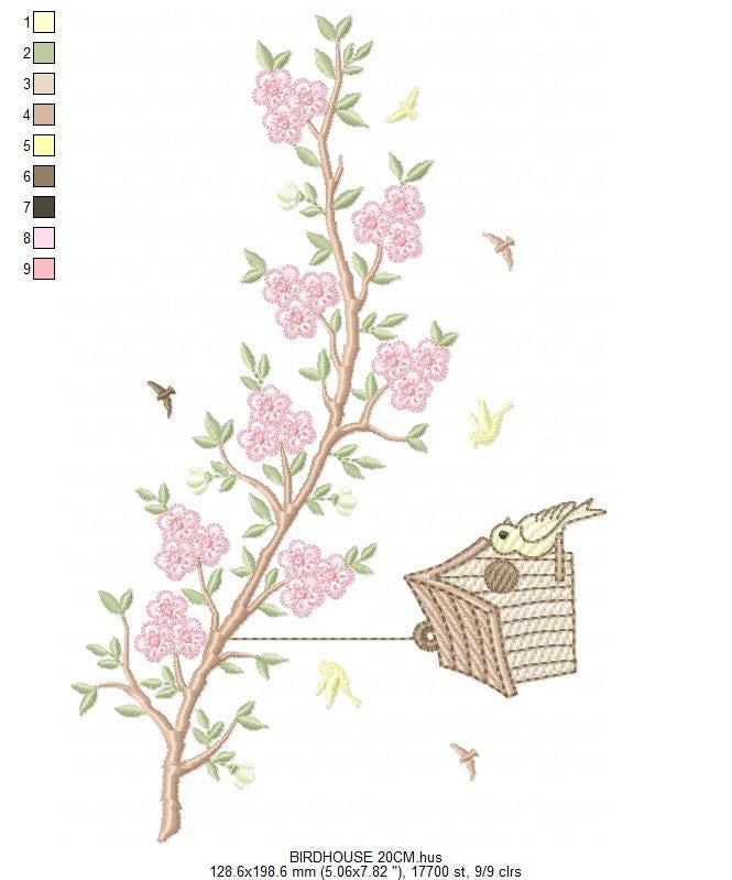 Birdhouse embroidery designs - Cherry Blossom tree machine embroidery pattern - Baby girl file - Birds with tree - Instant download pes jef