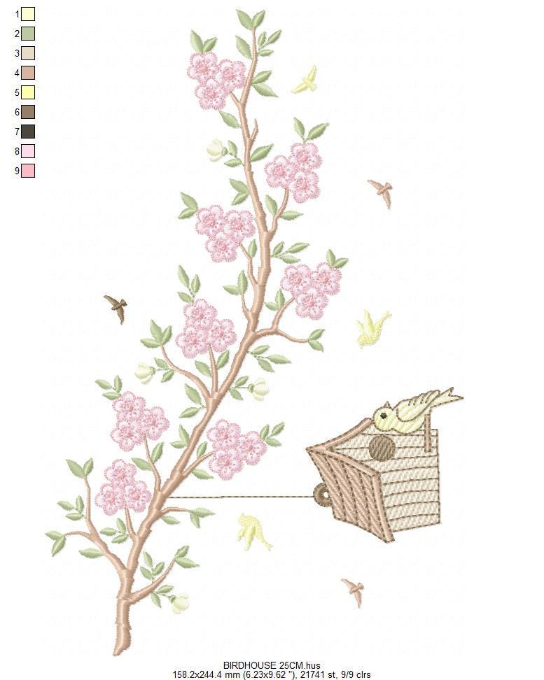 Birdhouse embroidery designs - Cherry Blossom tree machine embroidery pattern - Baby girl file - Birds with tree - Instant download pes jef