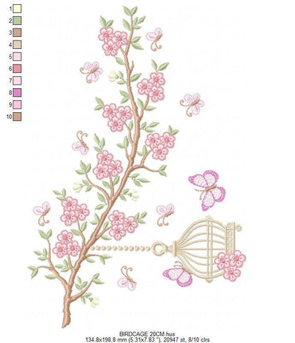 Birdhouse embroidery designs - Cherry Blossom tree machine embroidery pattern - Baby girl file - Birds with tree - Instant download pes dst
