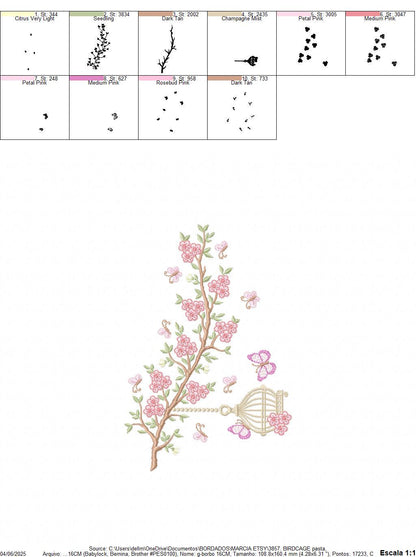 Birdhouse embroidery designs - Cherry Blossom tree machine embroidery pattern - Baby girl file - Birds with tree - Instant download pes dst