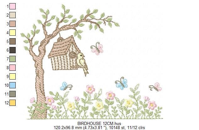 Bird embroidery designs - Bird House machine embroidery pattern - Baby girl file - Birds with tree and flowers - Instant download pes jef