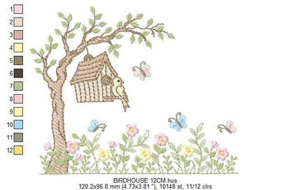 Bird embroidery designs - Bird House machine embroidery pattern - Baby girl file - Birds with tree and flowers - Instant download pes jef
