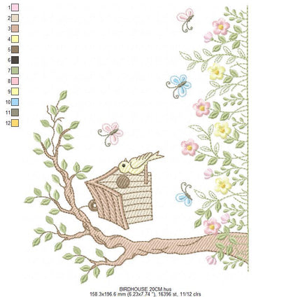Bird embroidery designs - Bird House machine embroidery pattern - Baby girl file - Birds with tree and flowers - Instant download pes jef