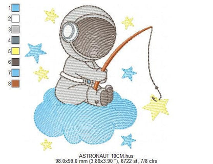 Astronaut embroidery designs - Baby boy Spaceman machine embroidery pattern - Star fishing cloud sky - Instant download pes jef dst hus vp3