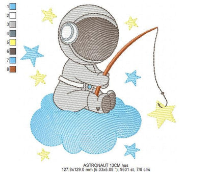 Astronaut embroidery designs - Baby boy Spaceman machine embroidery pattern - Star fishing cloud sky - Instant download pes jef dst hus vp3