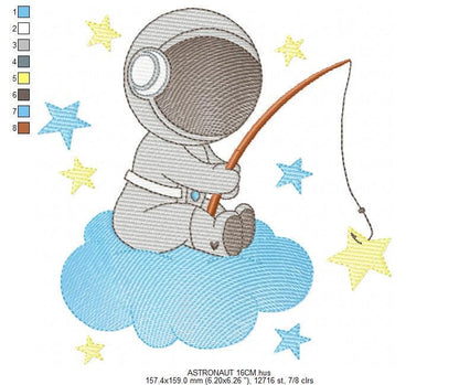 Astronaut embroidery designs - Baby boy Spaceman machine embroidery pattern - Star fishing cloud sky - Instant download pes jef dst hus vp3