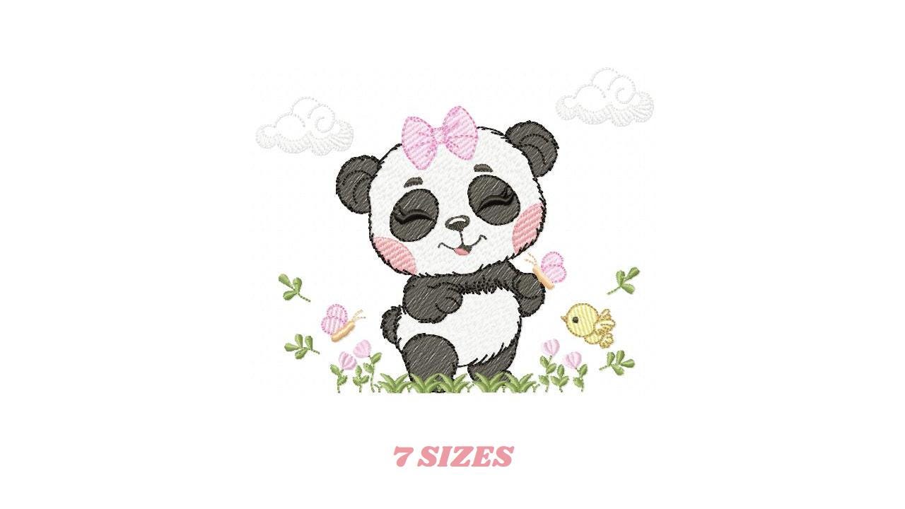 Panda embroidery design - Female Wild Animal machine embroidery pattern - Baby Girl file - Panda with flowers butterfly - Instant download