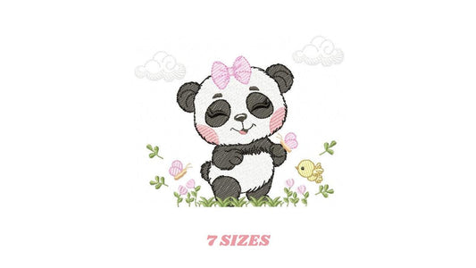 Panda embroidery design - Female Wild Animal machine embroidery pattern - Baby Girl file - Panda with flowers butterfly - Instant download