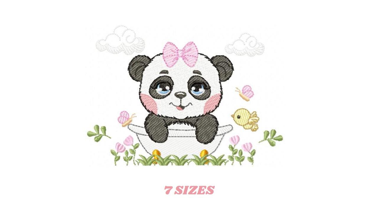 Female Panda embroidery design - Wild Animal machine embroidery pattern - Baby Girl file - Panda with flowers in bathtub - Instant download