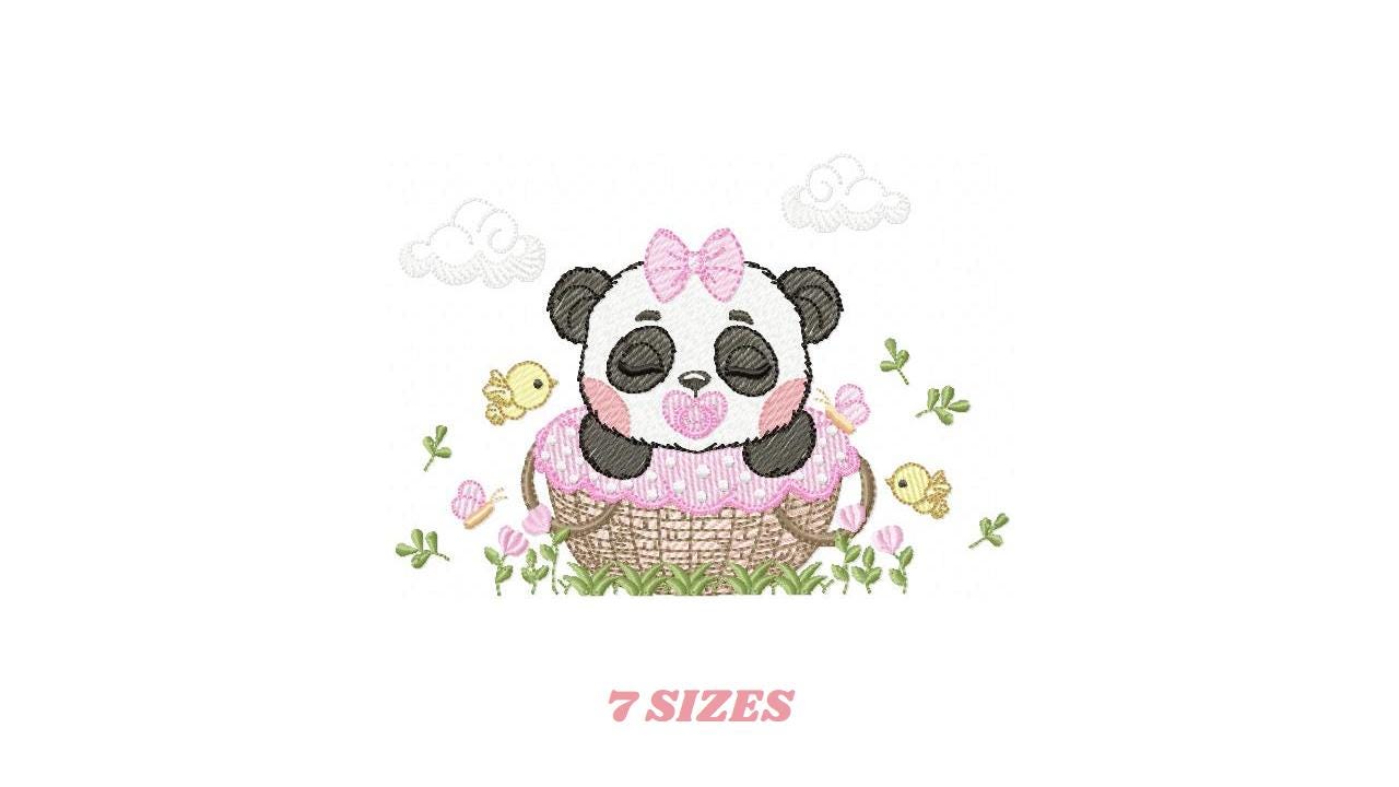Sleeping Panda embroidery design - Animal machine embroidery pattern - Baby Girl file - Panda with flowers and pacifier - Instant download