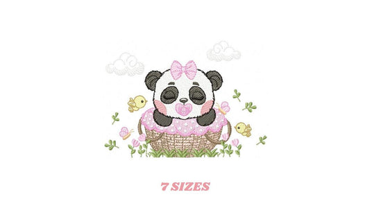 Sleeping Panda embroidery design - Animal machine embroidery pattern - Baby Girl file - Panda with flowers and pacifier - Instant download