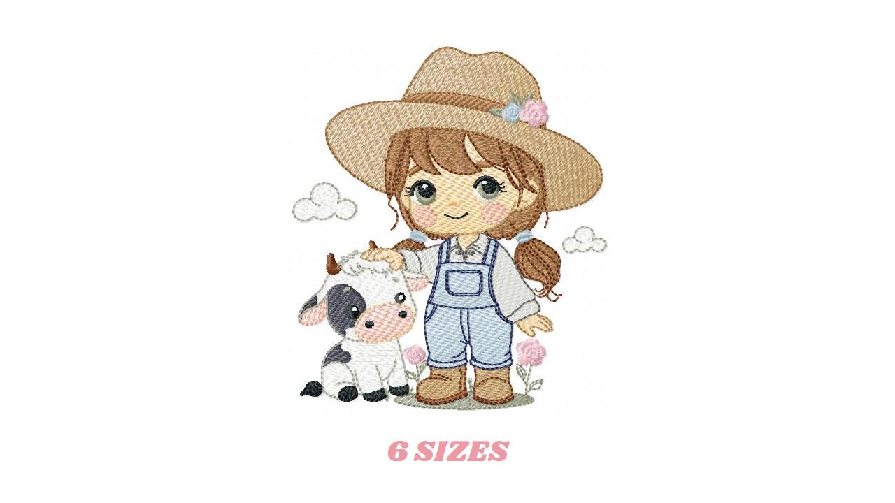 Girl Farmer embroidery designs - Farmer with hat and braids machine embroidery pattern - Girl with baby cow file - Instant digital download