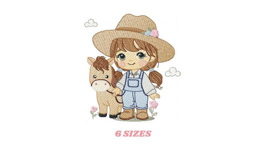 Girl Farmer embroidery designs - Farmer with hat and horse machine embroidery pattern - Girl with long hair file - Instant digital download