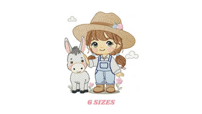 Girl Farmer embroidery designs - Farmer with hat and donkey machine embroidery pattern - Cowgirl Ranch file - Instant digital download pes