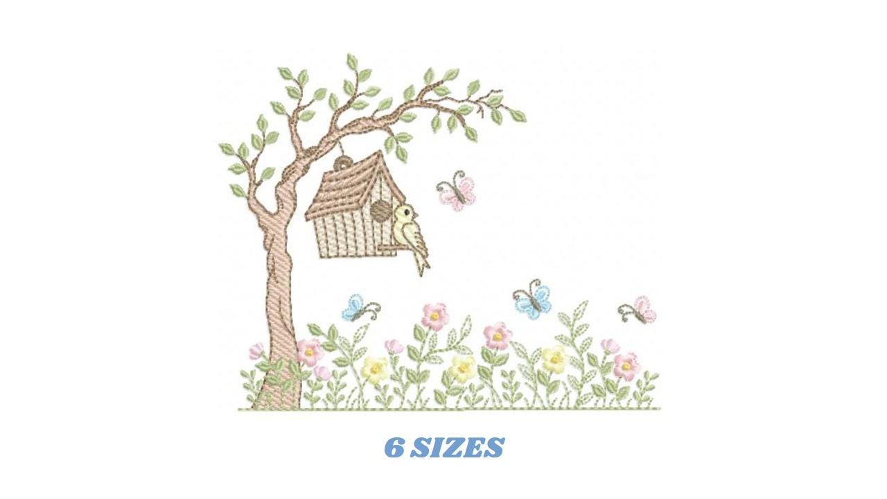 Bird embroidery designs - Bird House machine embroidery pattern - Baby girl file - Birds with tree and flowers - Instant download pes jef