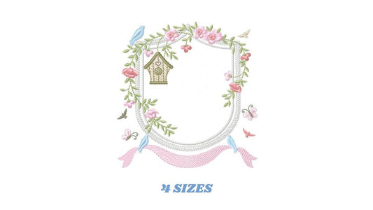 Birdhouse with flowers frame embroidery designs - Flower Monogram frame machine embroidery pattern - Floral Wreath Frame - instant download