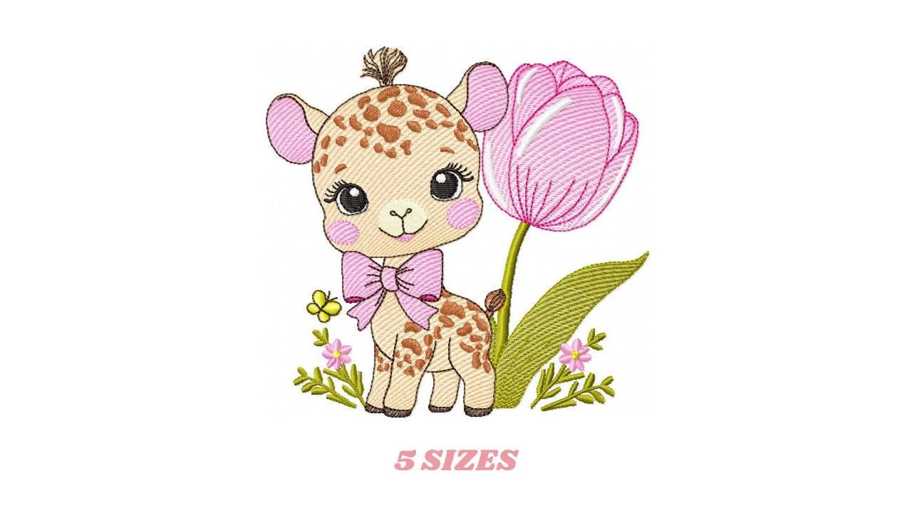 Female Giraffe embroidery designs - Baby Girl Safari animal machine embroidery pattern - Giraffe with tulip file - Instant download pes jef